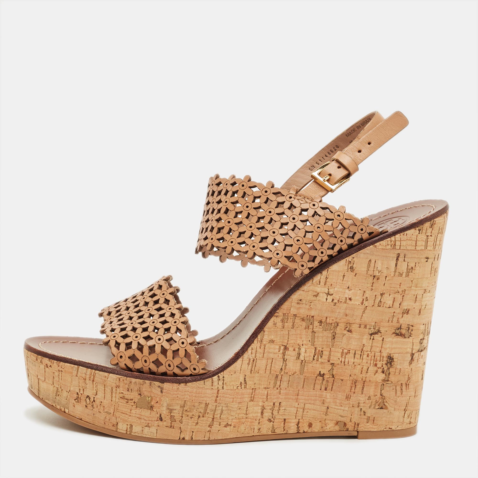 Pre-owned Tory Burch Beige Perforated Leather Daisy Cork Wedge Sandals Size 40.5