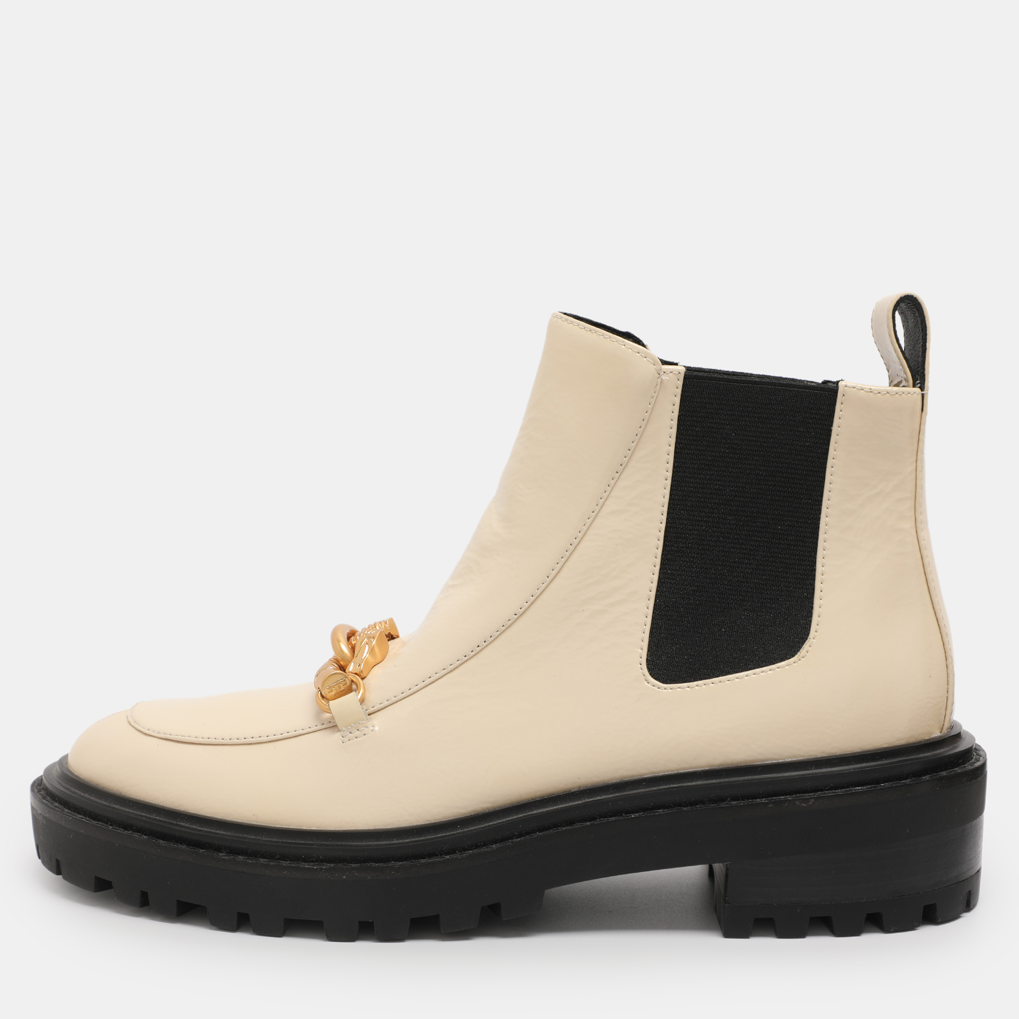 Pre-owned Tory Burch Cream Elastane And Patent Leather Jessa Chelsea Mid Calf Boots Size 38.5 In White