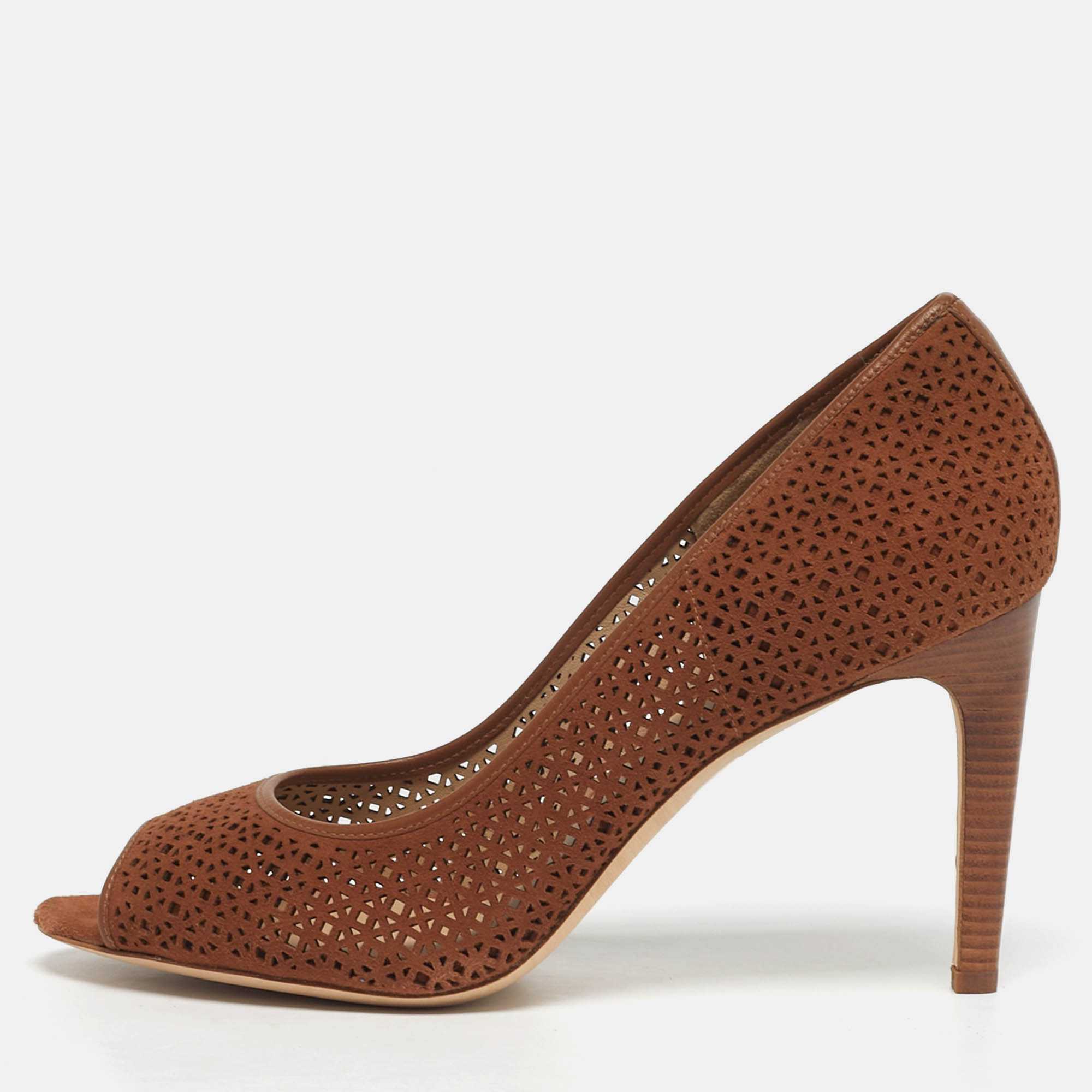 

Tory Burch Elinor 90mm Size 40 Brown Laser Cut Suede Peep Toe Pumps