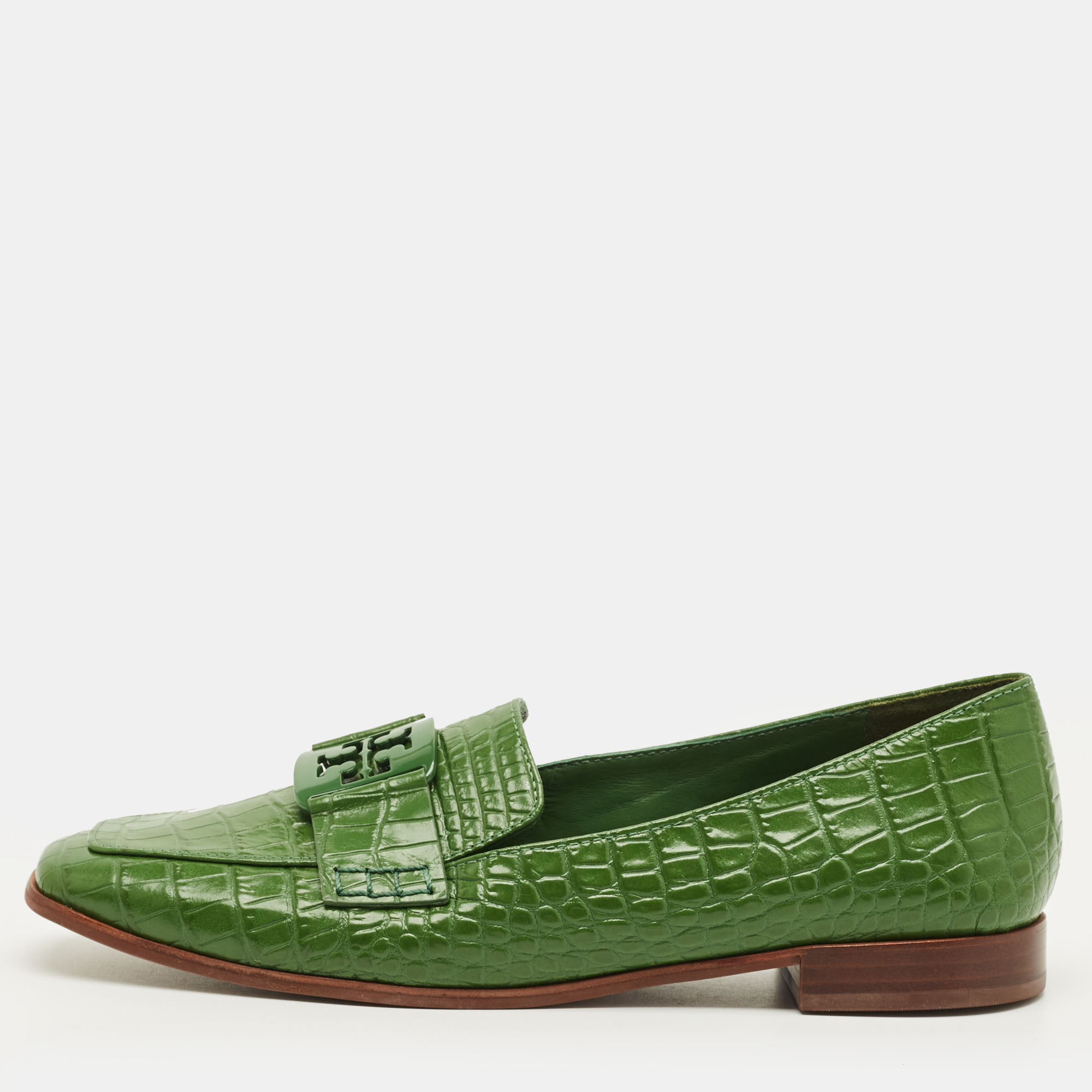 

Tory Burch Georgia Size 39 Green Croc Embossed Leather Loafers