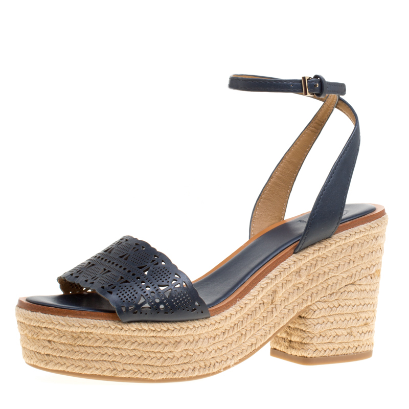 Pre Owned Tory Burch Navy Blue Laser Cut Leather Roselle Espadrille Platform Sandals Size 40