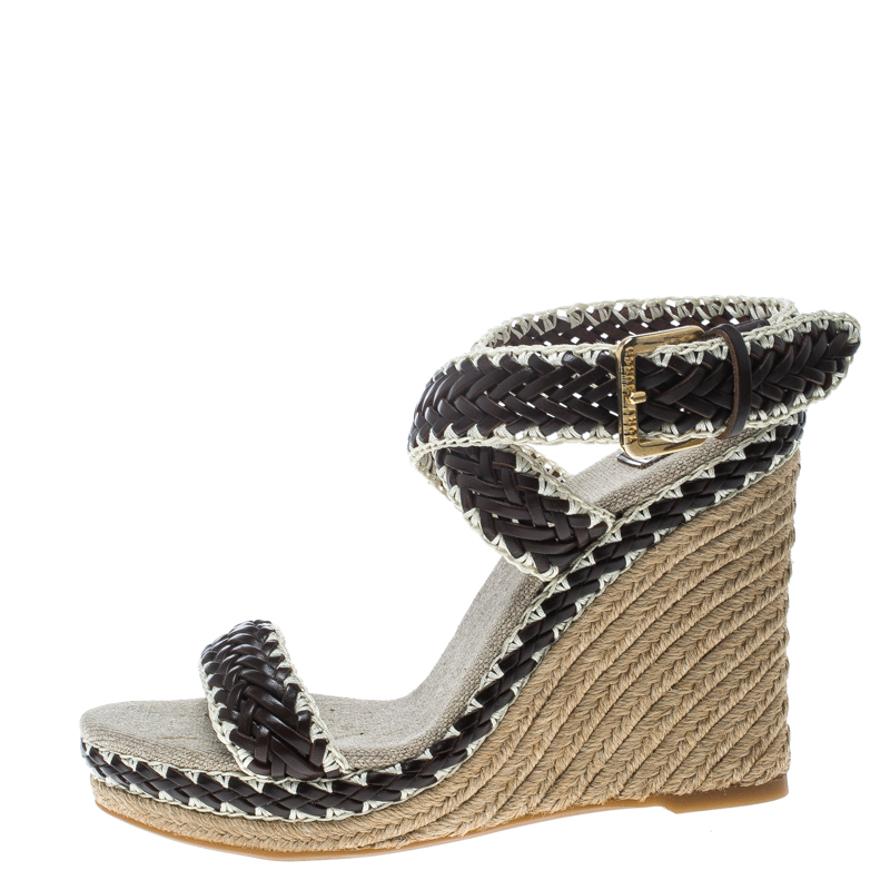 

Tory Burch Two Tone Woven Leather Paloma Ankle Strap Espadrille Wedge Sandals Size, Brown