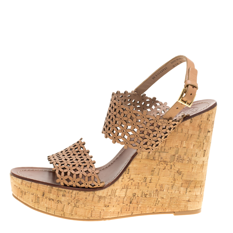 

Tory Burch Beige Perforated Leather Daisy Cork Wedge Sandals Size