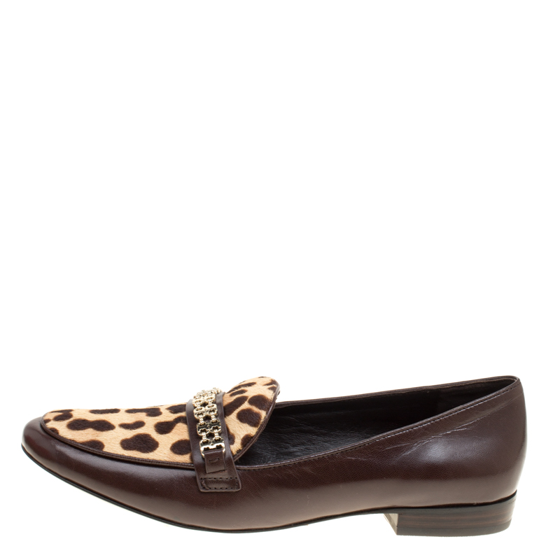 

Tory Burch Brown Leather and Leopard Print Cow Fur Gemini Link Detail Loafers Size