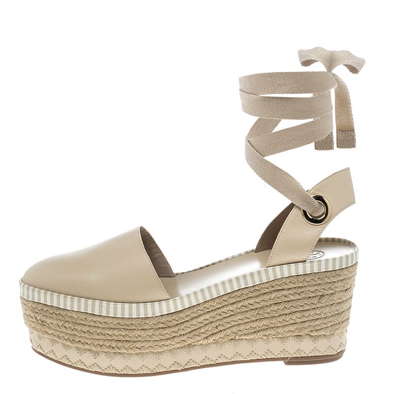 

Tory Burch Beige Leather Dandy Ankle Wrap Espadrille Wedge Sandals Size