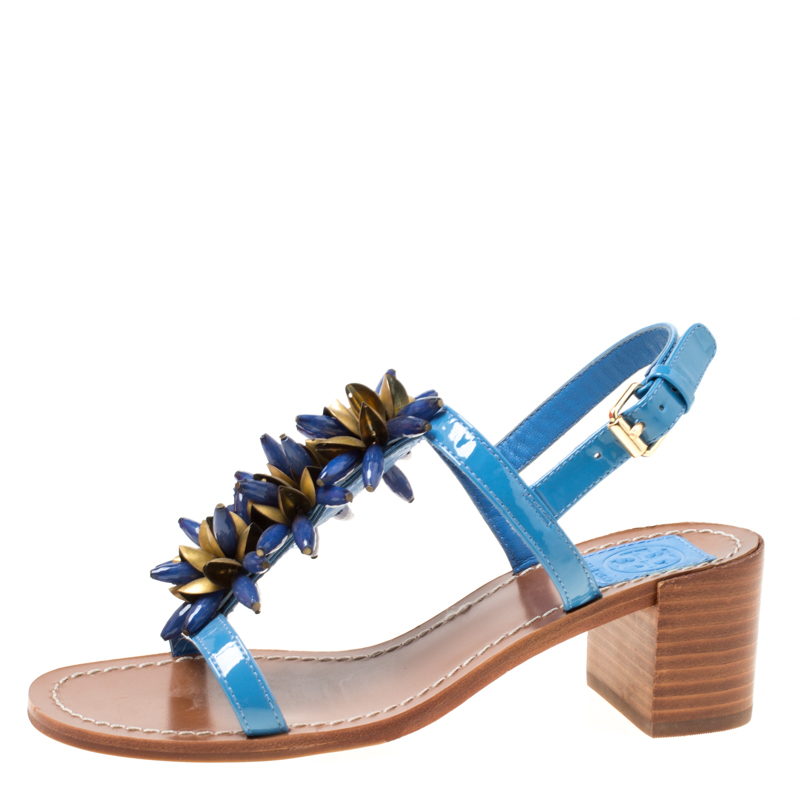 

Tory Burch Blue Patent Leather Emilynn Beaded T-Strap Sandals Size