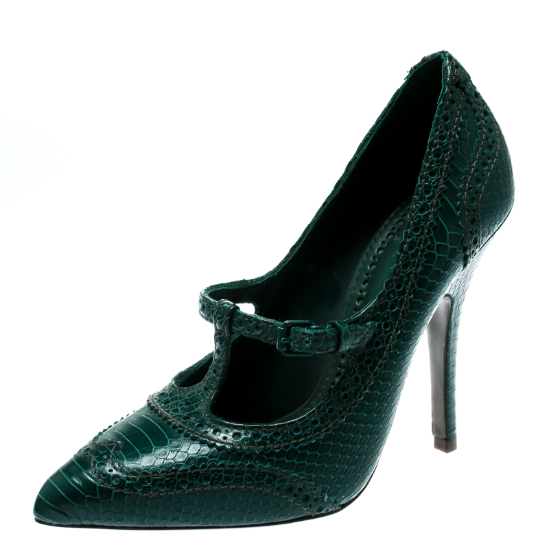 Tory Burch Green Brogue Embossed Snakeskin Leather Everly Pointed Toe Pumps  Size 38 Tory Burch | TLC