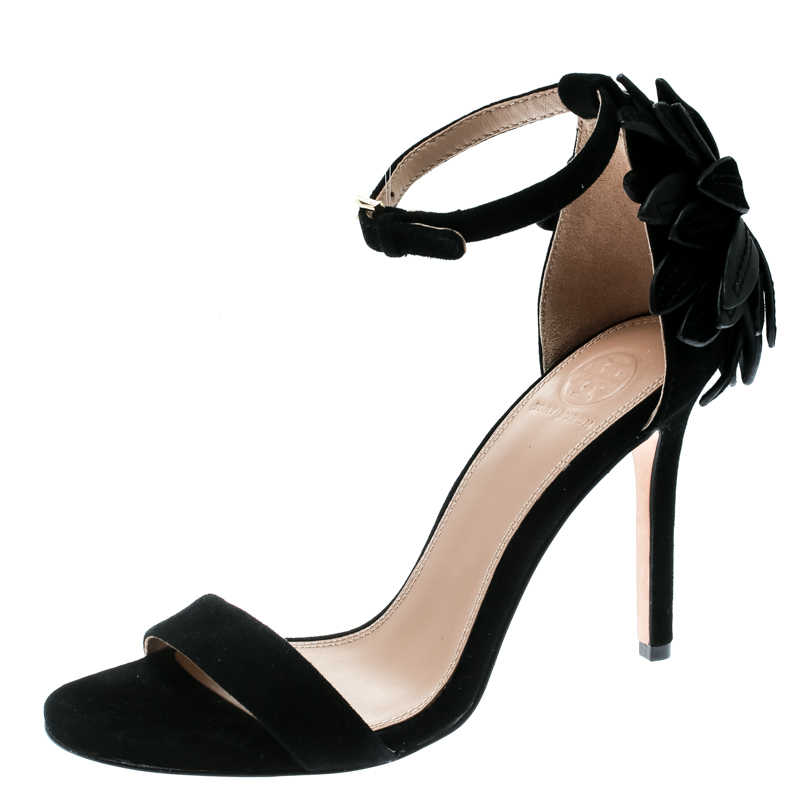 Pre Owned صندل توري برش مقدمة مفتوحة سيور كاحل أبليك زهور جولز سويدي أسود مقاس 37