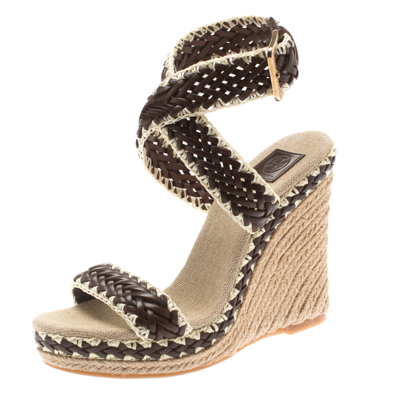 Pre Owned Tory Burch Two Tone Woven Leather Lilah Ankle Strap Espadrille Wedge Sandals Size 36.5
