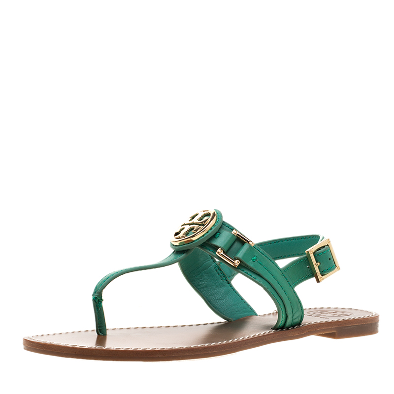 Tory Burch Green Leather Logo Detail Thong Backstrap Sandals Size 37.5