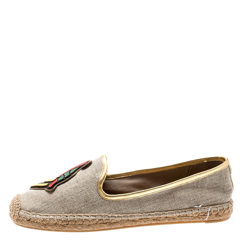 

Tory Burch Beige Linen And Metallic Leather Trim Parrot Espadrilles Flats Size