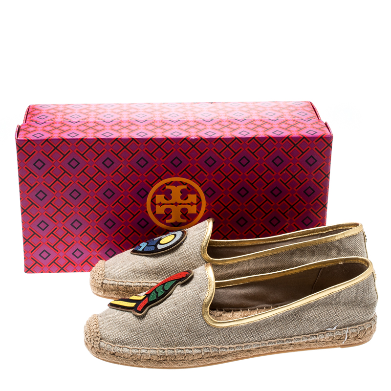 Tory Burch Beige Linen And Metallic Leather Trim Parrot Espadrilles Flats Size 40