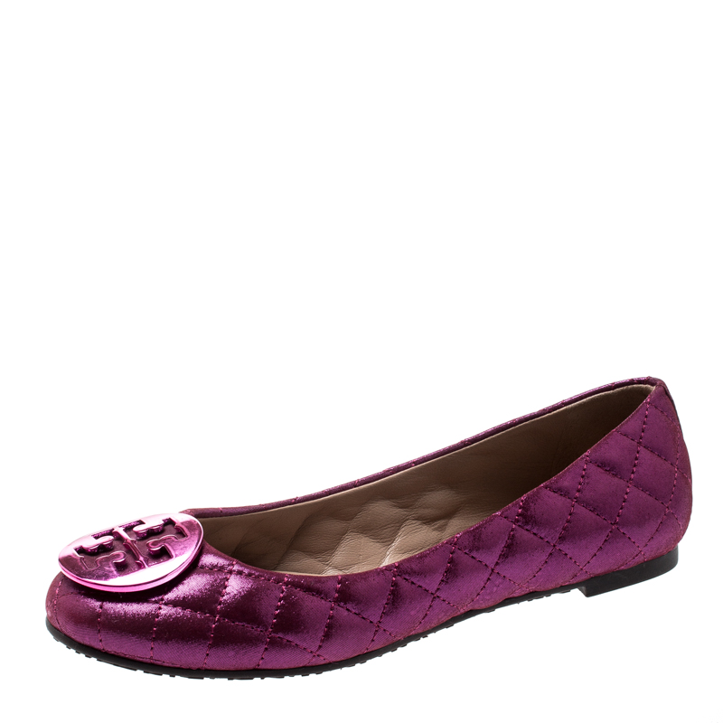 Pre Owned Tory Burch Metallic Pink Quilted Leather Reva Ballet Flats Size 36