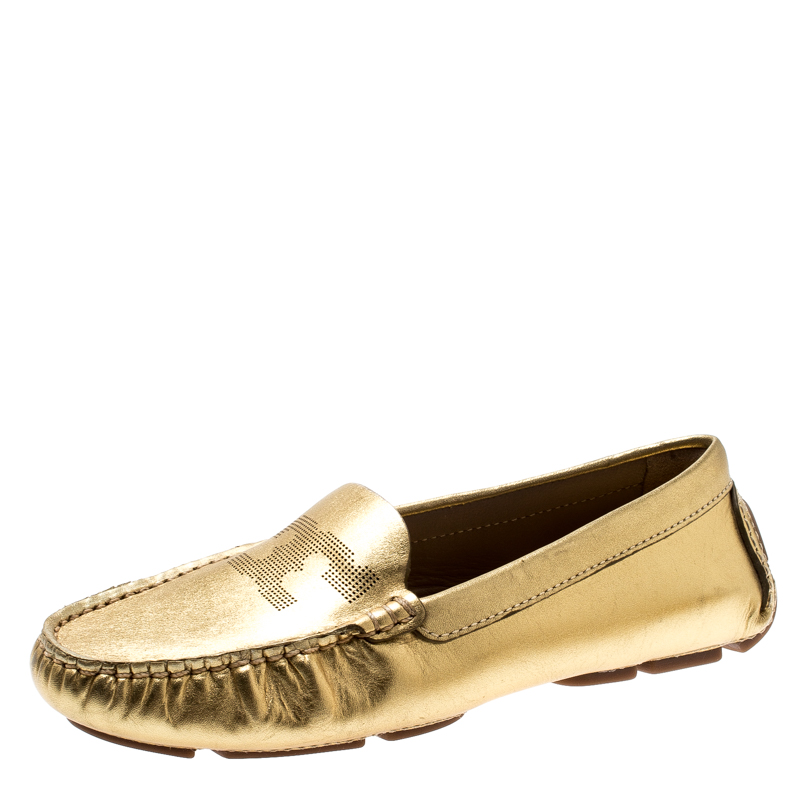Pre Owned Tory Burch Metallic Gold Leather Maynard Loafers Size 35