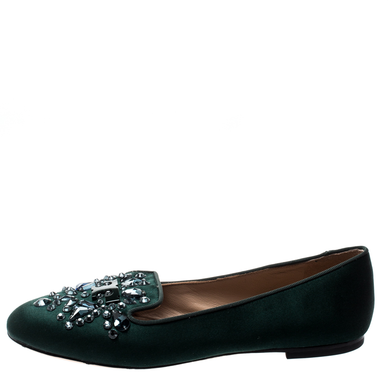 

Tory Burch Green Satin Delphine Crystal Embellished Smoking Slippers Size