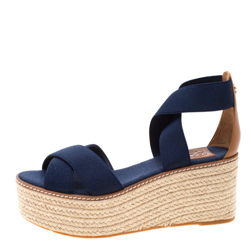 

Tory Burch Royal Navy Stretch Fabric And Beige Leather Frieda Cross Strap Espadrille Platform Sandals Size, Blue