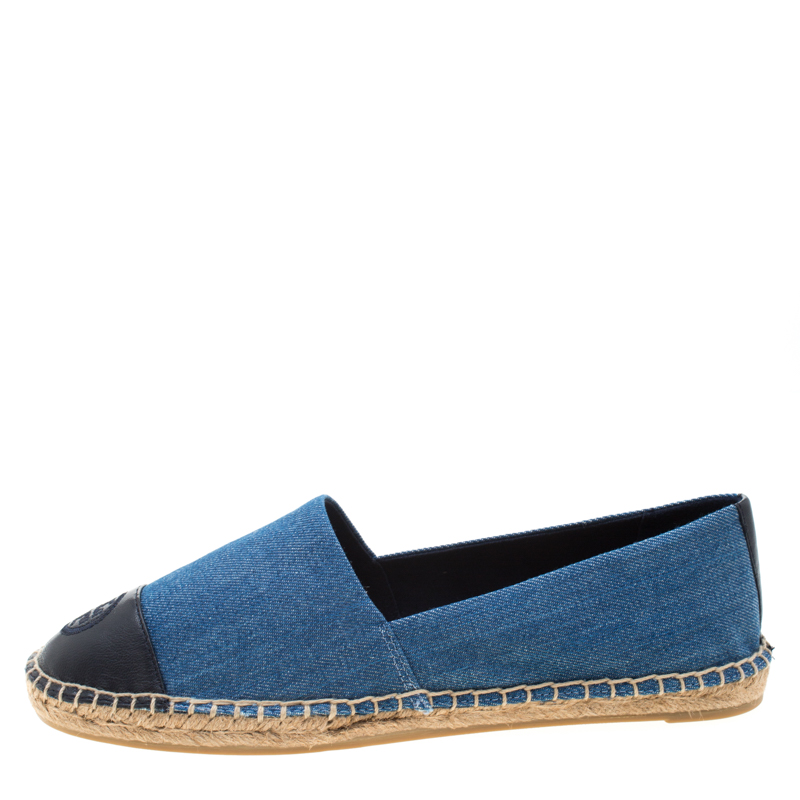 

Tory Burch Indigo Light Wash Denim Chambray And Leather Espadrilles Size, Blue