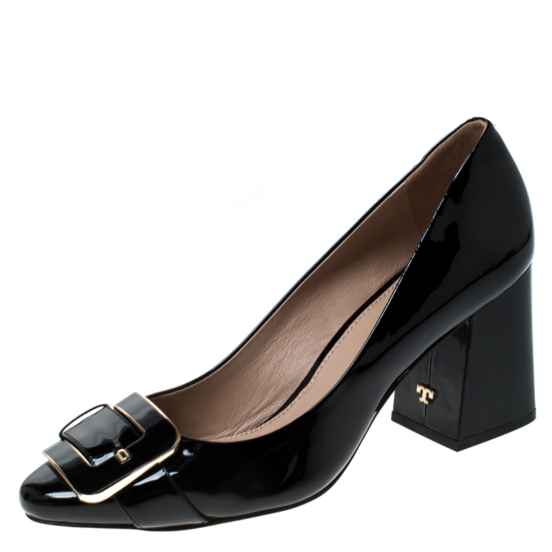 Pre Owned حذاء كعب عالي توري برش ماريا جلد لامع سود مقاس 39.5