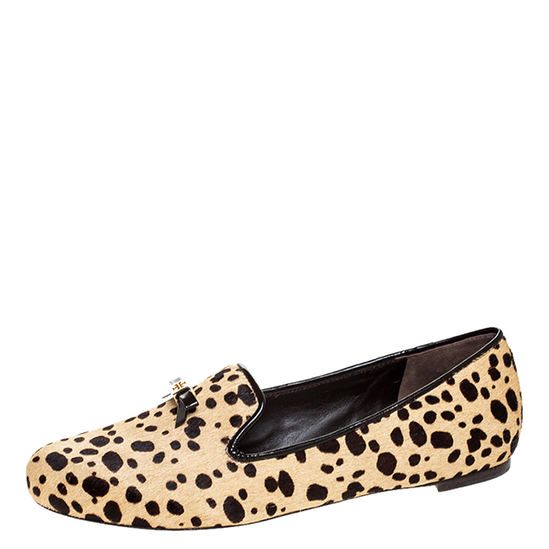 Tory Burch Beige/Brown Cheetah Print Calf Hair Chandra Loafers Size 39