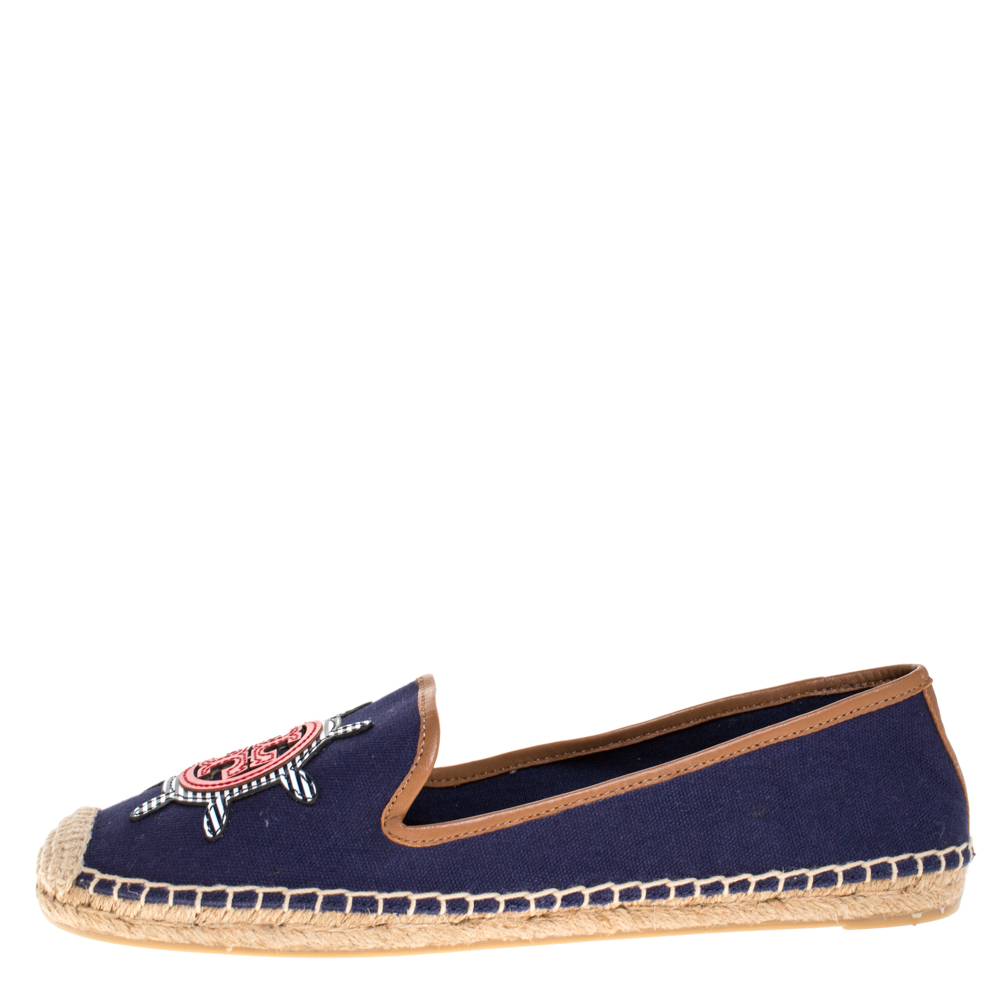 

Tory Burch Blue Canvas Maritime Mismatched Espadrille Loafers Size
