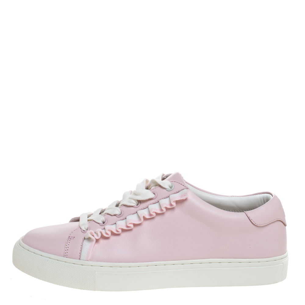 

Tory Burch Pink Leather Ruffled Lace Up Sneakers Size