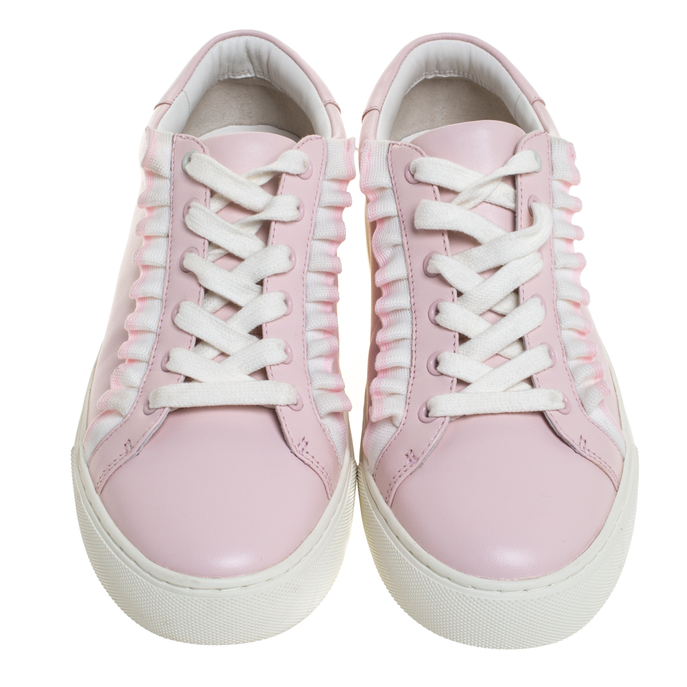 Tory Burch Pink Leather Ruffled Lace Up Sneakers Size 39 Tory Burch | TLC