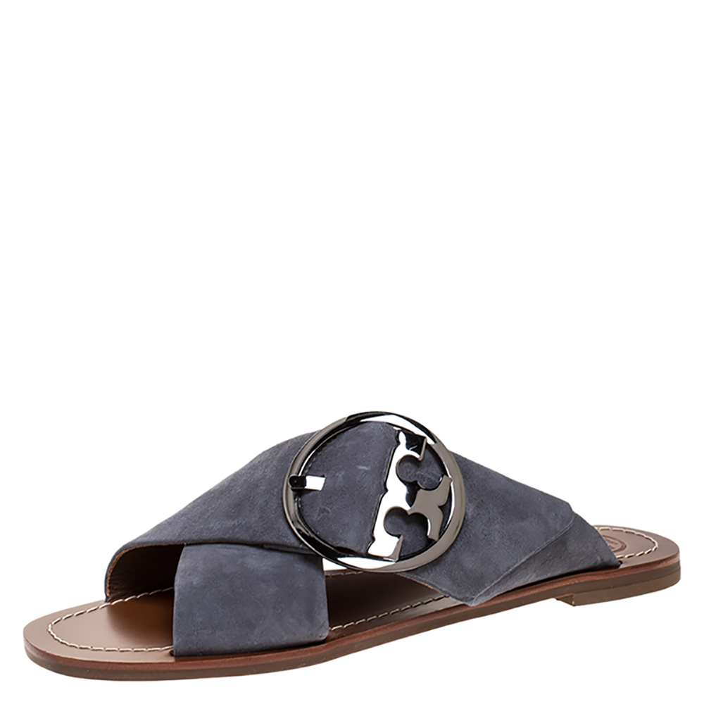 مملوكة مسبقًا Tory Burch Grey Suede Leather Thames Cross Strap Flats Size Size 38
