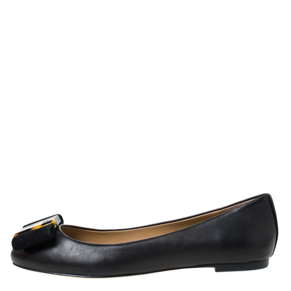 

Tory Burch Black Leather Tortoise Bow Chase Ballet Flats Size