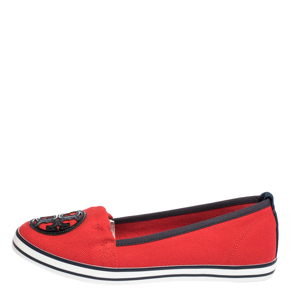 

Tory Burch Red Canvas Logo Slip On Loafers Size