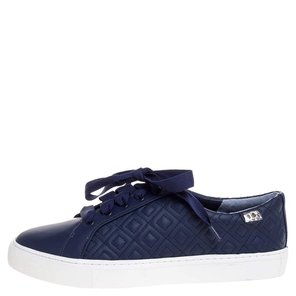 

Tory Burch Blue Quilted Leather Marion Low Top Sneakers Size