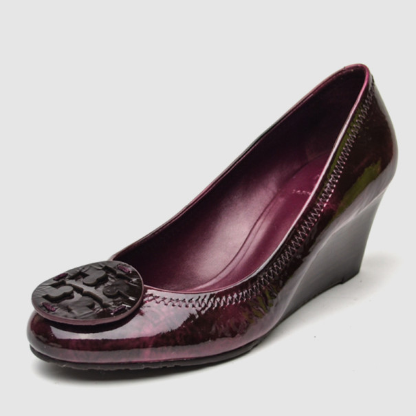 Pre Owned Tory Burch Plum Patent Leather Sally Wedges Size 39