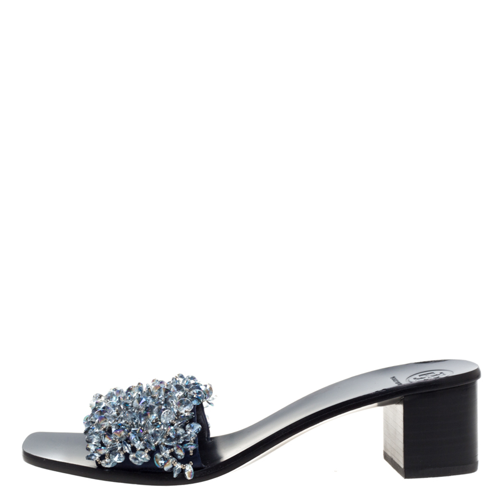 

Tory Burch Navy Blue Satin Logan Embellsihed Slide Sandals Size