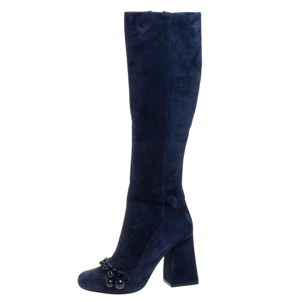 

Tory Burch Blue Suede Leather Chain Detail Square Toe Knee Length Boots Size