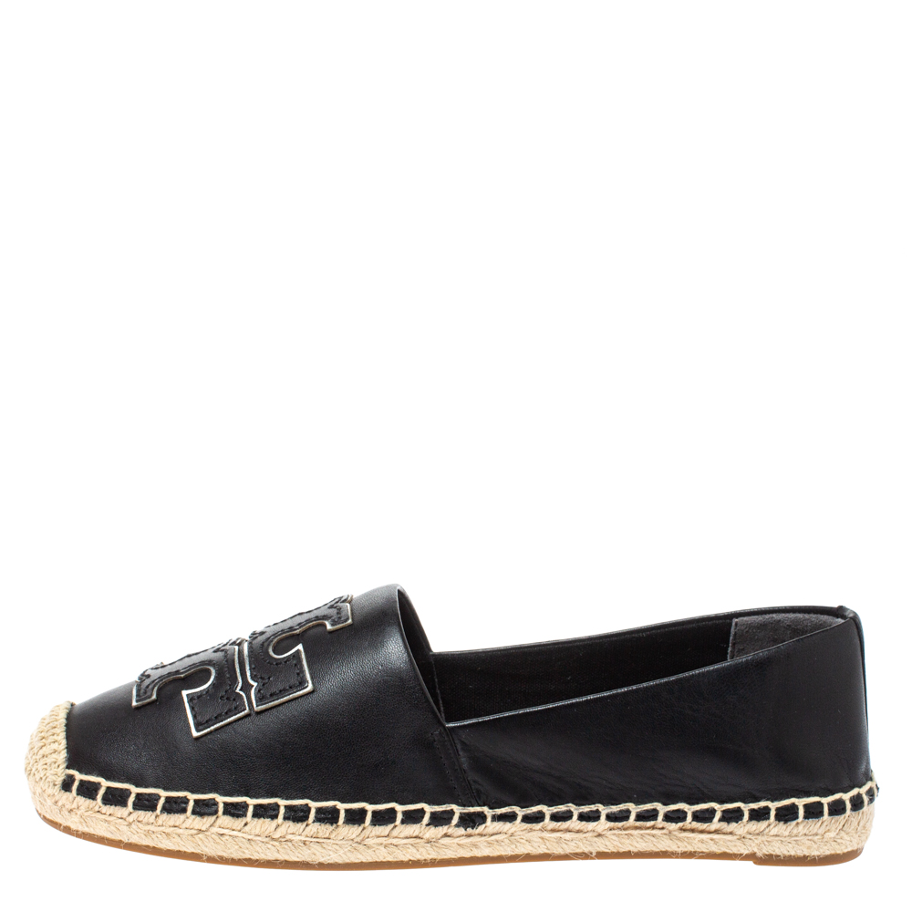 

Tory Burch Black Leather Ines Logo Espadrille Flats Size