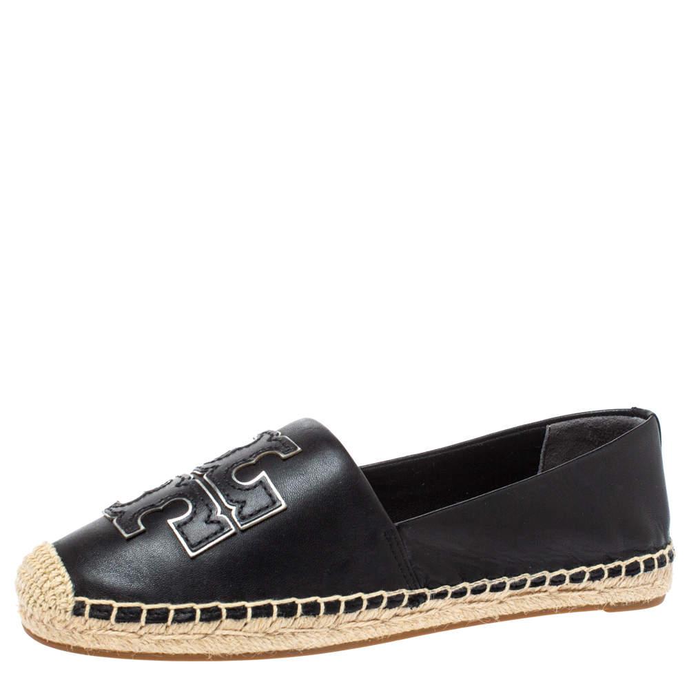 Tory Burch Black Leather Ines Logo Espadrille Flats Size 36.5