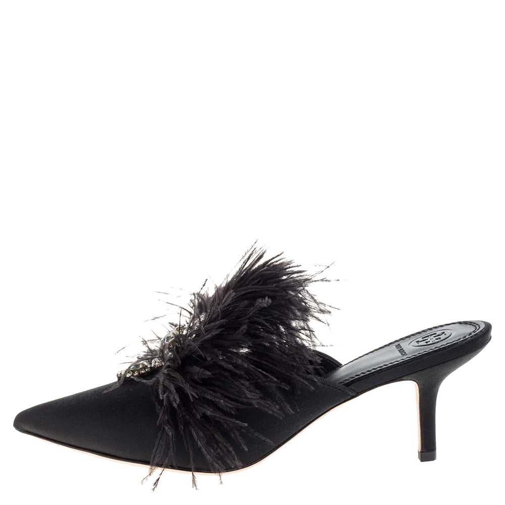 

Tory Burch Black Satin Elodie Crystal Embellished Feather Fur Pointed Toe Mule Sandals Size