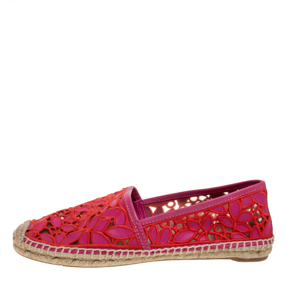 

Tory Burch Pink Cotton Lace and Leather Jackie Espadrilles Size