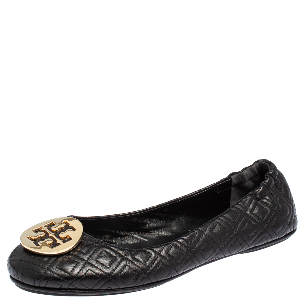 Pre-owned Tory Burch Black Leather Reva Ballet Flats Size 41