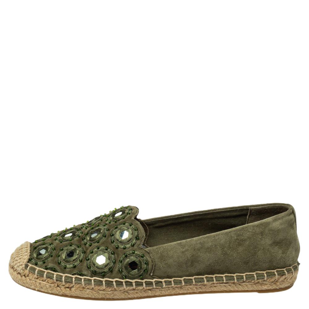 

Tory Burch Green Suede Embellished Espadrille Flats Size
