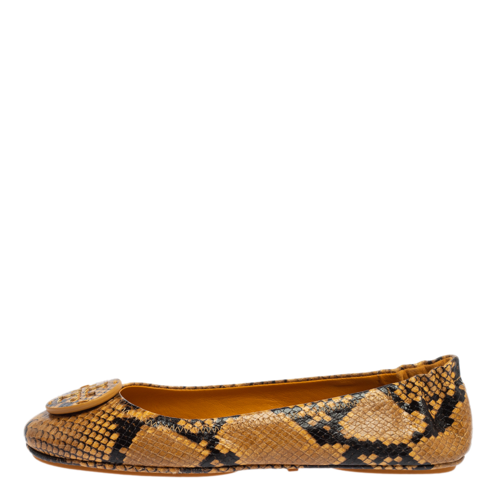 

Tory Burch Black/Yellow Python Embossed Leather Reva Flats Size