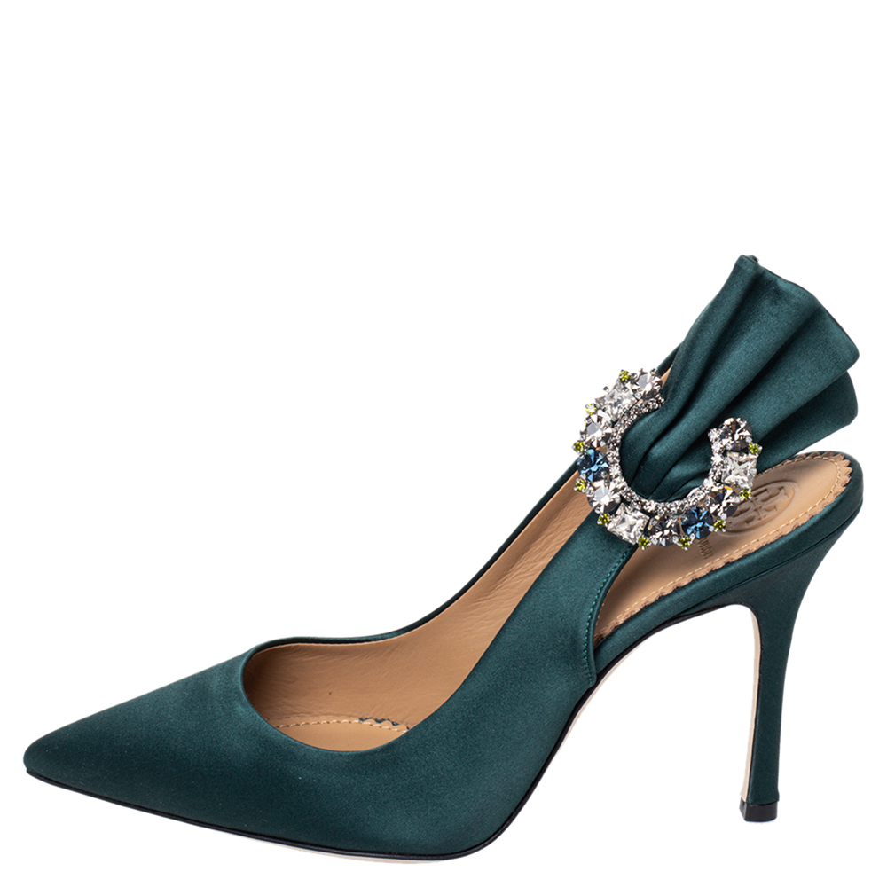 

Tory Burch Green Satin Crystal Embellished Slingback Pumps Size