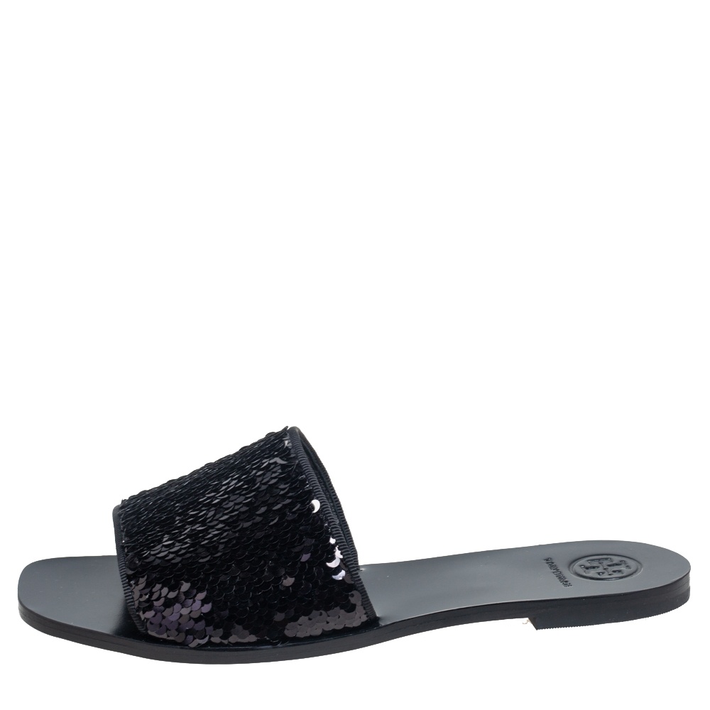 

Tory Burch Black Sequins Slide Flats Size