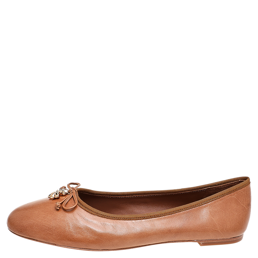 

Tory Burch Tan Leather Charm Bow Detail Ballet Flats Size