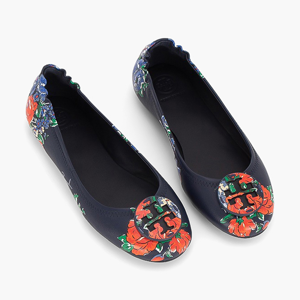 

Tory Burch Blue Nappa Leather Mimie Floral Print Travel Ballet Flats Size EU