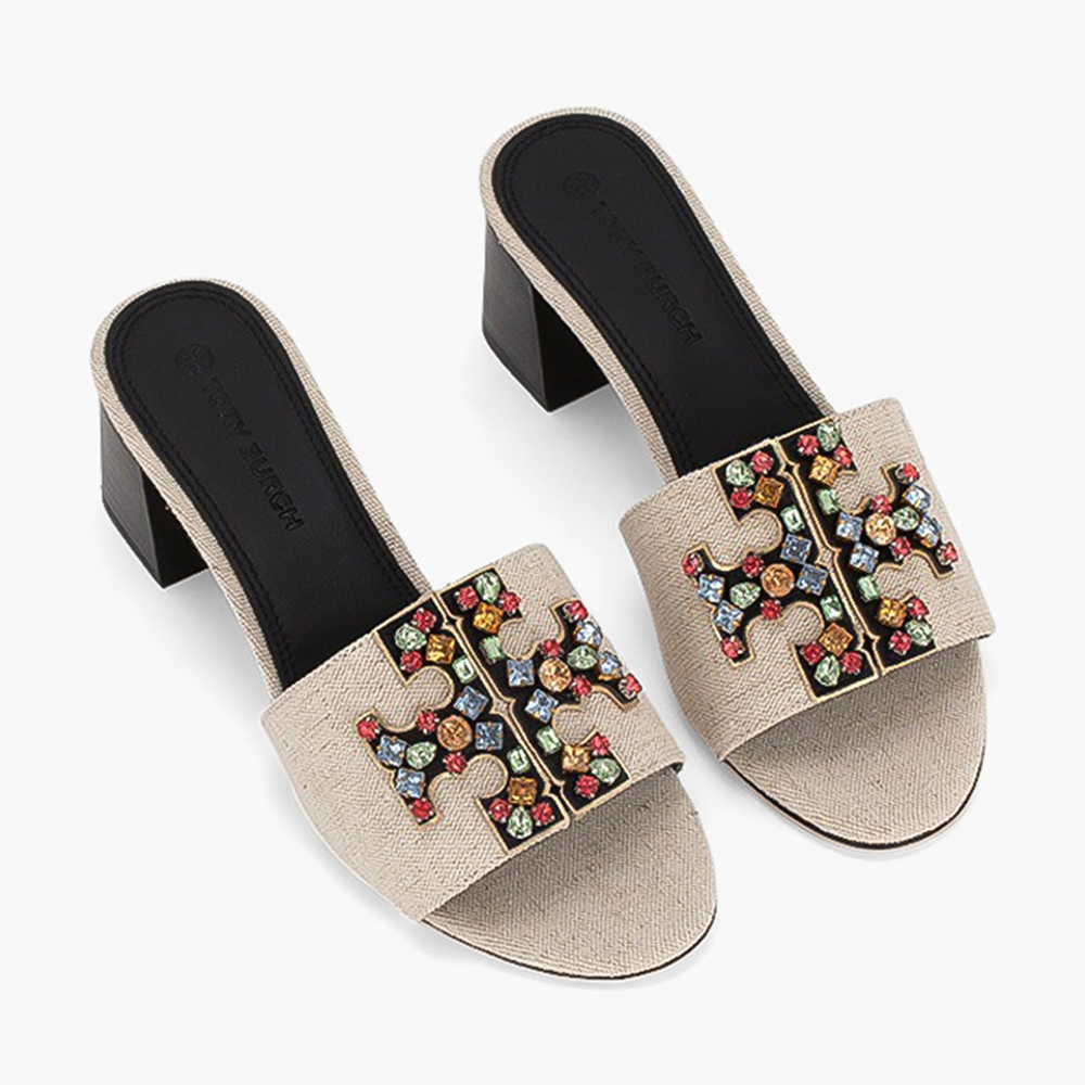 

Tory Burch Beige Linen/Nappa Leather Ines Embellished Mules Size EU