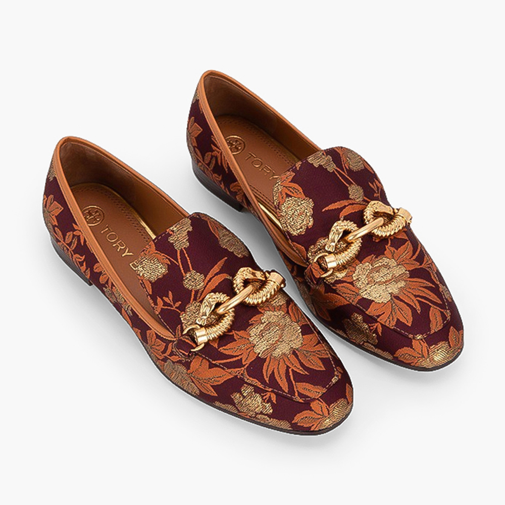 

Tory Burch Brown Calf Leather/Fabric Jessa Floral Jacquard Loafers Size EU
