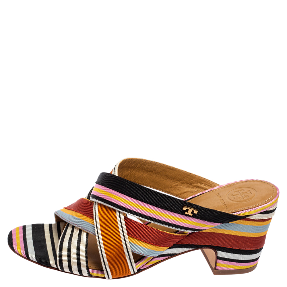 

Tory Burch Multicolor Webbing Fabric Stripe Graham Slide Sandals Size