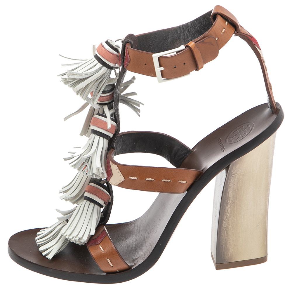 

Tory Burch Multicolor Leather Tassels Block Heel Sandals Size