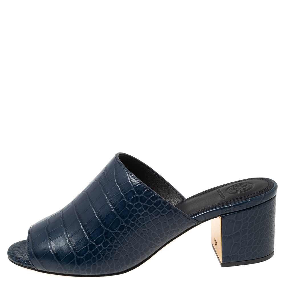 

Tory Burch Blue Crocodile Embossed Leather Martine Mules Size, Navy blue