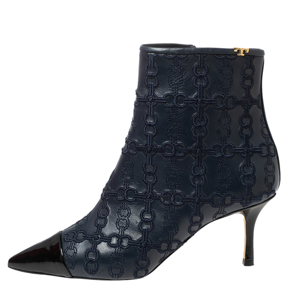 

Tory Burch Navy Blue Embroidered Leather Penelope Ankle Boots Size